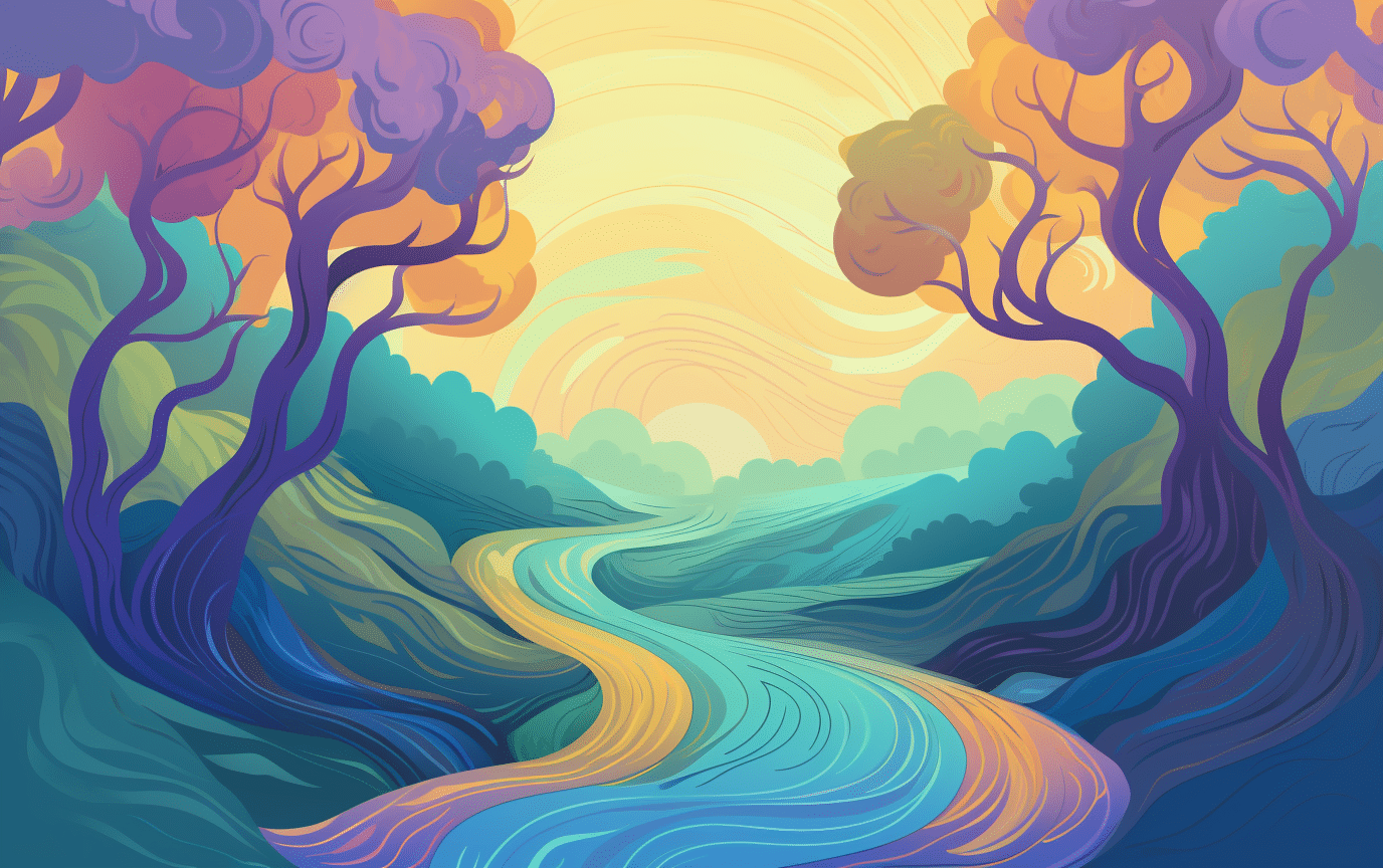 An abstract representation of the ketamine infusion process and relief, depicting a soothing landscape with interconnected pathways in gentle and serene colors, embodying vibrant optimism, healing nature, and mental health support.